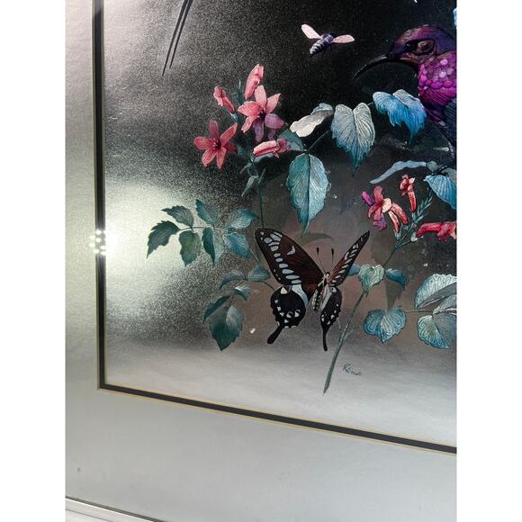 Large Foil Art Framed Vintage MCM Siver Nature Birds Butterfly Rena Hand Etched - Picture 6 of 16